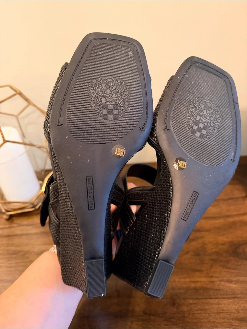 Vince Camuto Black Woven Slingback Wedge with Gold Buckle -Helcy Style